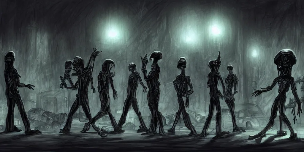 Image similar to aliens in black handing over artifacts to a politician, night scene, inspired by yoshitaka amano, concept art