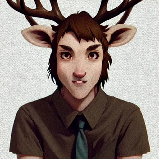 Prompt: character design portrait of a kind anthropomorphic furry deer man with deer ears, short brown hair, wearing a shirt, looking at the camera, 4 k, concept art, by wlop, ilya kuvshinov, artgerm, krenz cushart, pixiv.