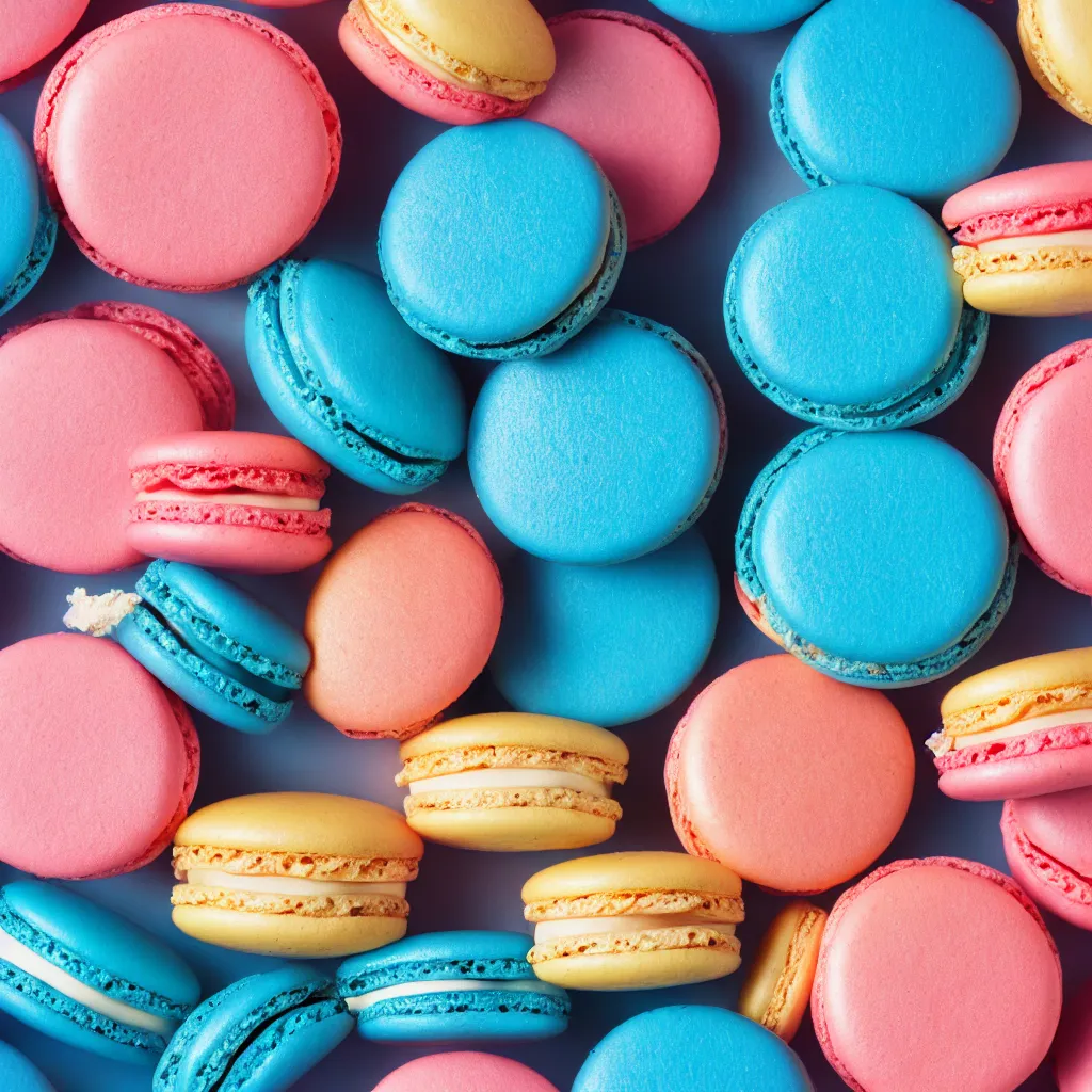 Prompt: top-down view of macarons on top of a blue surface, 8k, high detail, photorealistic, proper shading