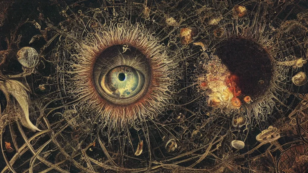 Prompt: a beautiful dreamy painting of a coronavirus inside a broken television screen, evil eye, dark, sinister, detailed, high contrast, art by Ernst Haeckel and Matt Lombardi