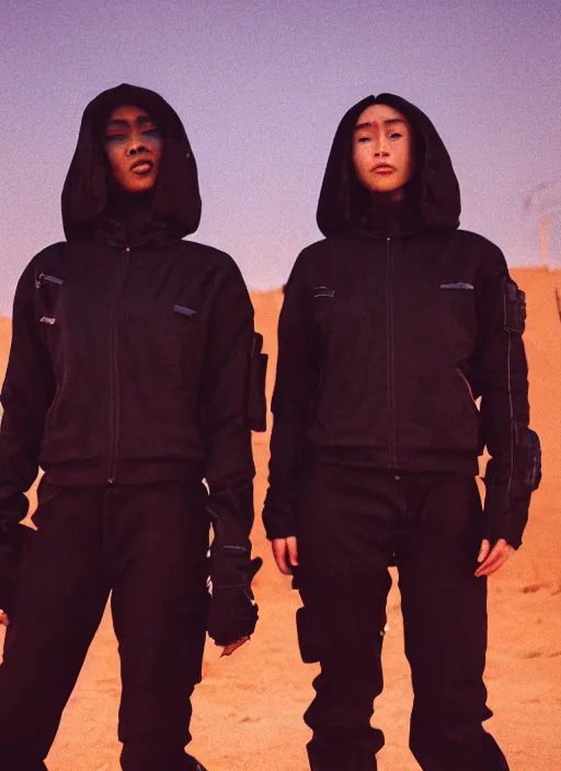 Prompt: photographic portrait shot on cinestill 5 0 d of two loving clones, women wearing black techwear on a desolate plain with a red sky, closeup, diverse race, cyberpunk, in front of a brutalist dark metal facility, dust storm, 3 5 mm, 8 k, depth of field, high resolution, ultra realistic faces