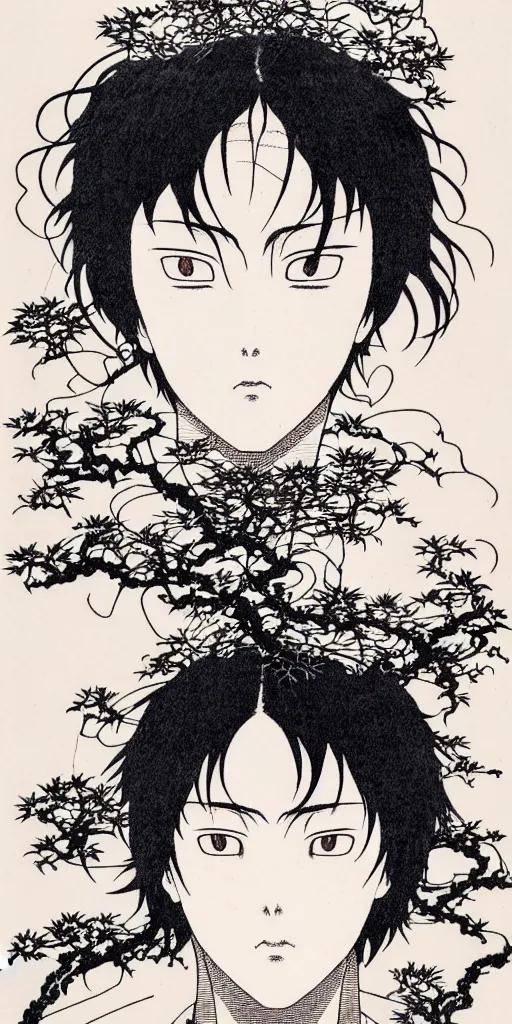 Image similar to prompt: Fragile looking figure, portrait face drawn by Takato Yamamoto and Katsuhiro Otomo, full body character drawing, inspired by Evangeleon and Akira 1988, clean ink detailed line drawing, intricate detail, manga 1980, portrait centric composition