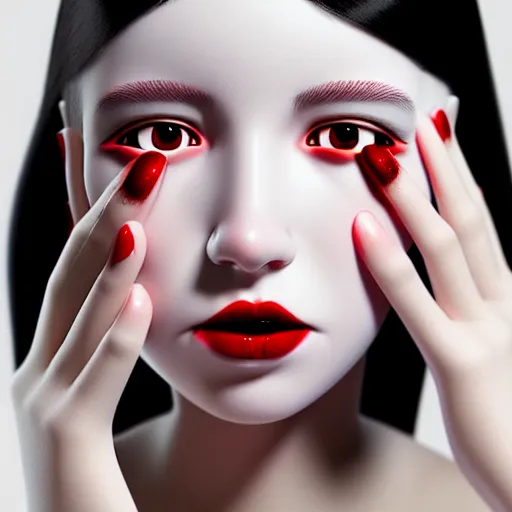 Image similar to a girl with black hair, skin that is pure white, and red eyes, octane render, professional art