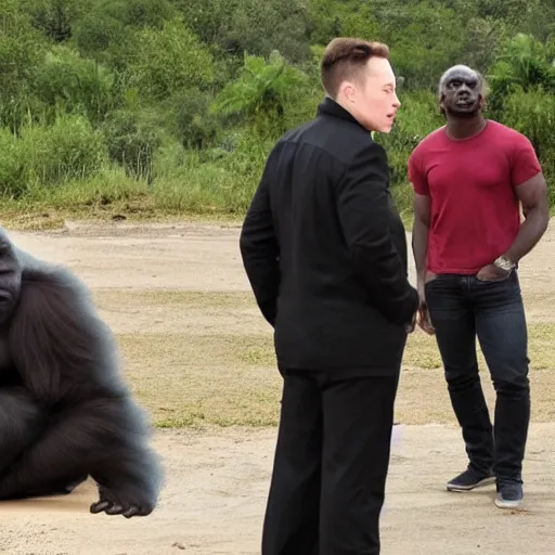 Prompt: Elon Musk angrily discusses with a silverback gorilla about the spaceship design, the spaceship in the background has the shape of a banana, real picture,