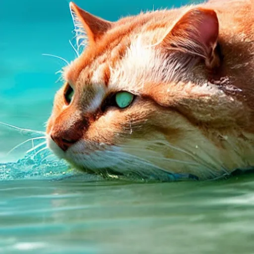 Image similar to extremely fat cat emerging from ocean,