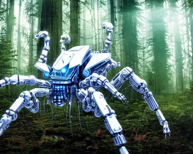 Prompt: photo of a giant huge white crystal terminator spider with heavy duty biomechanical hydraulic cybernetic body with antennas and visor cogs and gears and components in the forest. cyberpunk horror style. highly detailed 8 k. intricate. nikon d 8 5 0 5 5 mm. award winning photography.