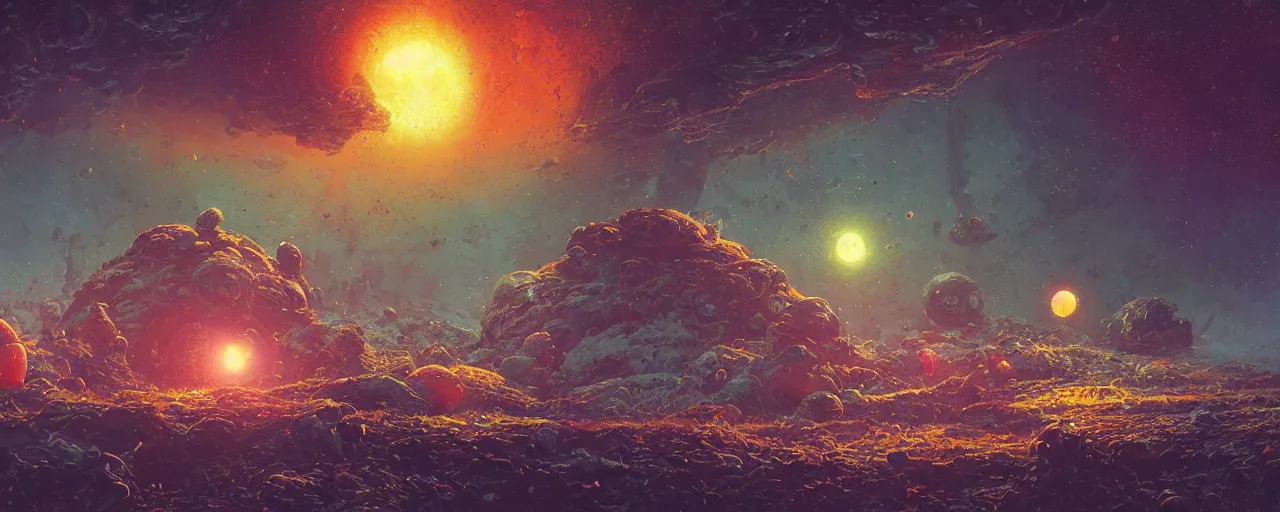 Image similar to ” outer planet with strange and mysterious eggs and larvae, [ art by paul lehr, cinematic, detailed, epic, widescreen, opening, establishing, mattepainting, photorealistic, realistic textures, octane render ] ”