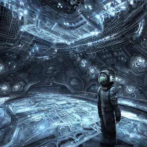 Image similar to concept art by craig mullins astronaut in futuristic dark and empty spaceship underwater. infrared complex and hyperdetailed technical suit. mandelbulb fractal. reflection and dispersion materials. rays and dispersion of light. volumetric light. 5 0 mm, f / 3 2. noise film photo. flash photography. unreal engine 4, octane render. interstellar movie art