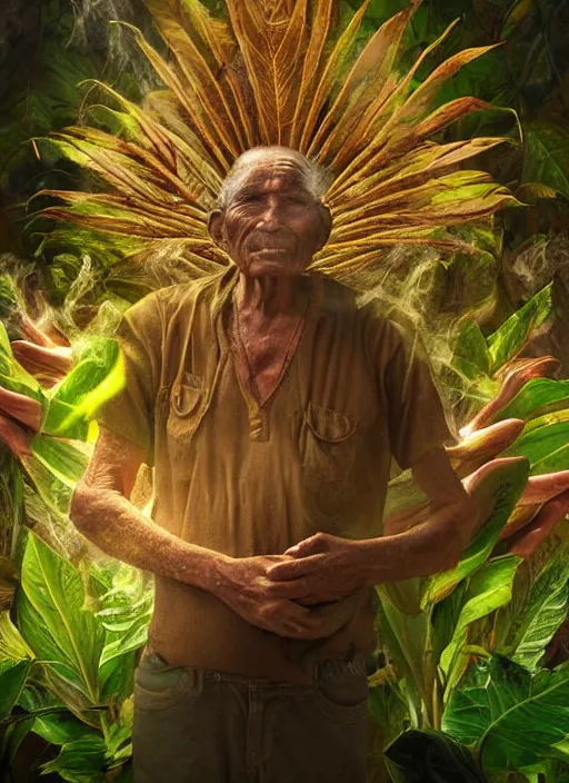 Image similar to a vision of the tobacco plant teacher spirit as an old indigenous man during an ayahuasca ceremony, surrounded by thick smoke, fractals, fantasy art, matte painting, highly detailed