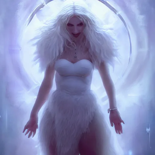 Image similar to white wolf goddess, huggy wuggy from poppy playtime video game, fullbody, ultra high detailed, glowing lights, oil painting, greg rutkowski, charlie bowater, beeple, unreal 5, daz, hyperrealistic, octane render, rpg portrait, dynamic lighting, fantasy art, beautiful face