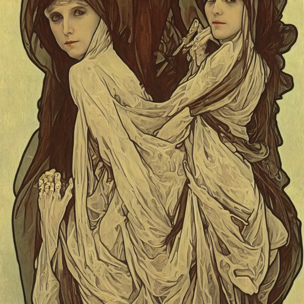 Image similar to a portrait of a skeleton nun in the style of Alphonse Mucha,Realistic style,oil on canvas