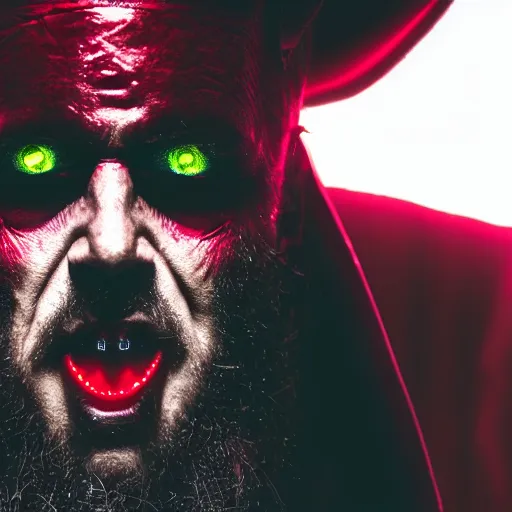 Image similar to a close up of a Rabbi that is the devil with horns looking at the camera in anger, cyberpunk art, neon, satan, red skin, dark, ominous, haunting, sinister, close-up, studio lighting, red lighting, scary, horror, dark,