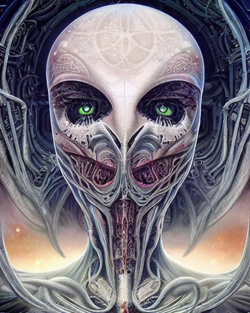 Image similar to cosmic lovecraft giger fractal spider portrait, pixar style, by tristan eaton stanley artgerm and tom bagshaw.