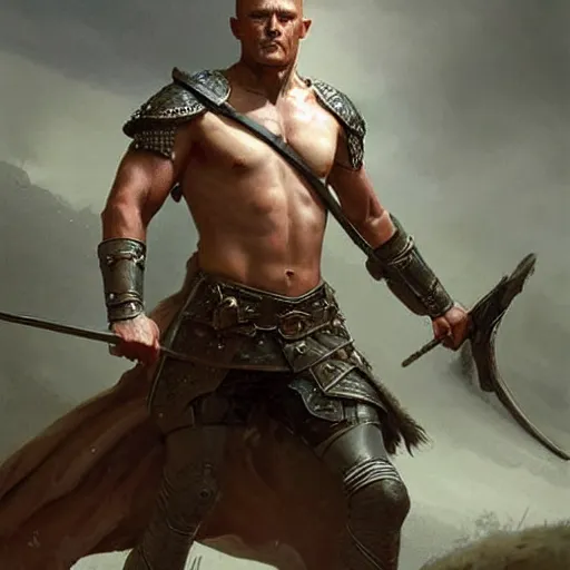 Image similar to Ranger marching toward the viewer, male, muscular, blue eyes!!!!, straight nose!!!, detailed face, exposed thighs!!!, fantasy, medieval, highly detailed, painting by greg rutkowski