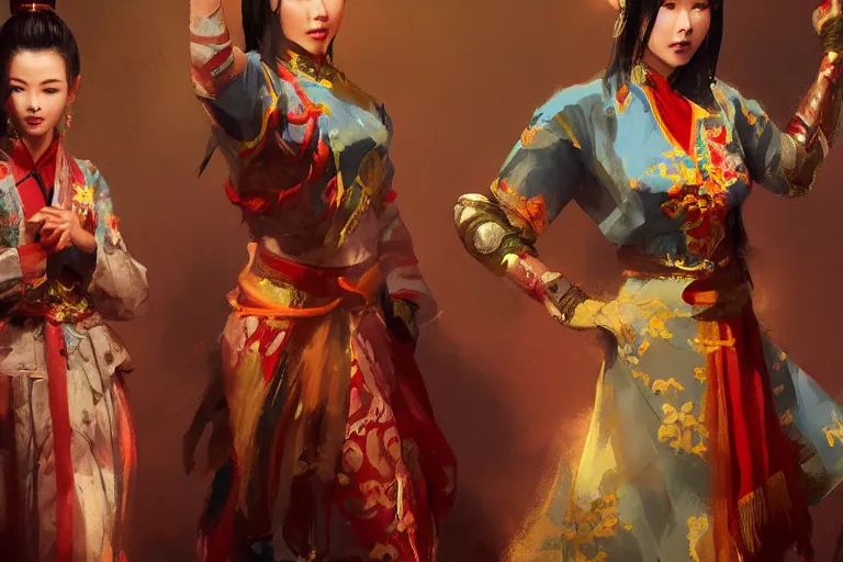 Image similar to Character design of traditional chinese costumes, muscular, cinematic lighting, dramatic atmosphere, by Craig Mullins, 4k resolution, trending on artstation