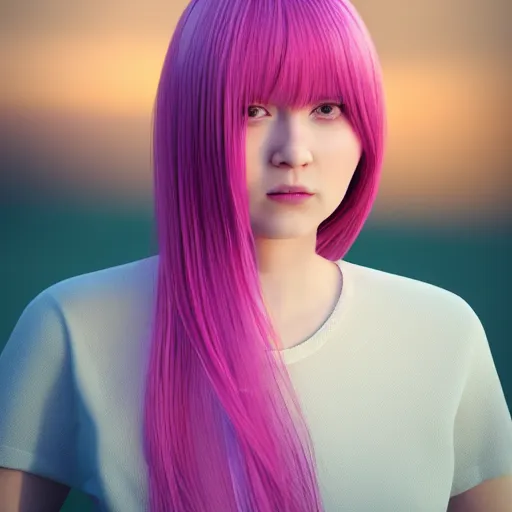 Image similar to A 3d cgi toon young woman with long pink hair, full bangs, amber eyes, pale skin, Chinese, medium shot, mid-shot, soft focus