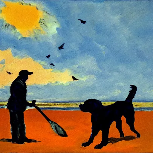 Prompt: a fauvist painting of a man and a black dog digging a hole on a danish beach at sunset