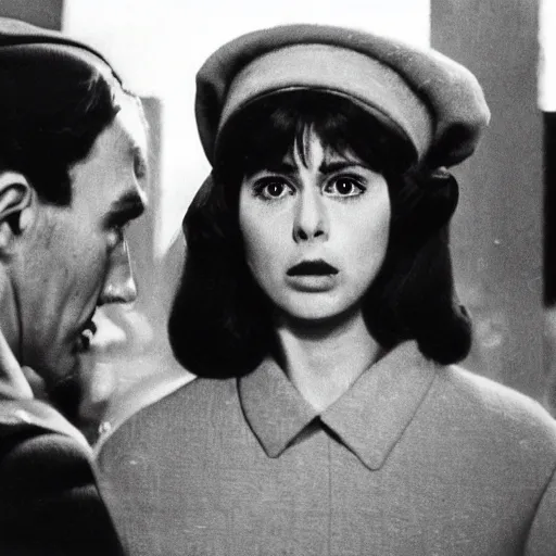 Image similar to still from a masterpiece 1 9 6 0 s french art film, very beautiful and elegant girl in beret with large eyebrows with an angry expression while talking to a man, moody lighting, viewed from afar, cinematic shot, the movie is in color, communist aesthetic