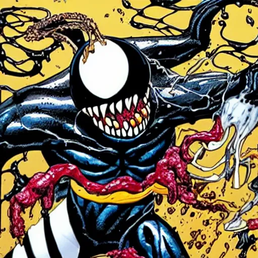 Prompt: Venom making an extra drippy peanut butter and jelly sandwich drawn by Todd McFarlane