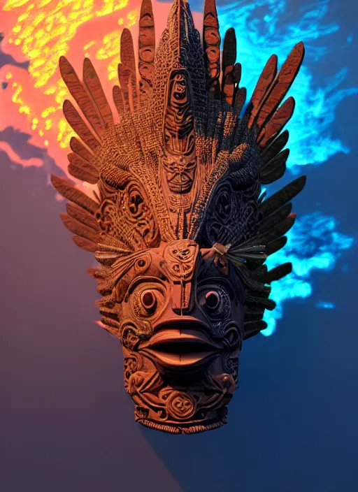 Prompt: 3 d goddess long shot. beautiful intricate highly detailed quetzalcoatl mask and feathers. ahuizotl, atotolin, bioluminescent, plasma, lava, ice, water, wind, creature, lightning and dark clouds, artwork by tooth wu and wlop and beeple and greg rutkowski, 8 k trending on artstation,