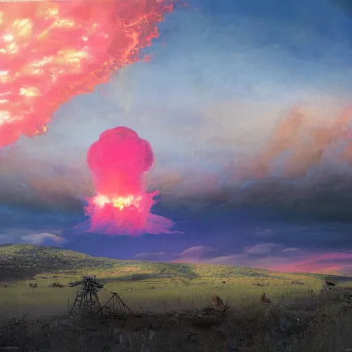 Prompt: a beautiful nuclear explosion, landscape, pink clouds illuminated by the nuclear bomb, featuring a skeleton, by craig mullins
