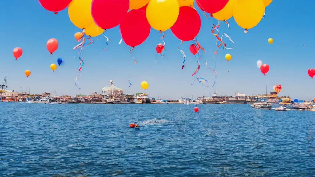 Image similar to photo of a lot of birthday balloons floating above a beautiful maritime port. sharp focus, highly - detailed, award - winning