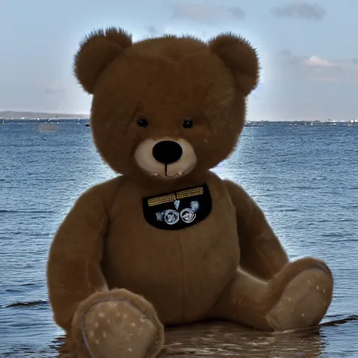 Image similar to a realistic photo shoot of a teddy bear marine soldier 4 k