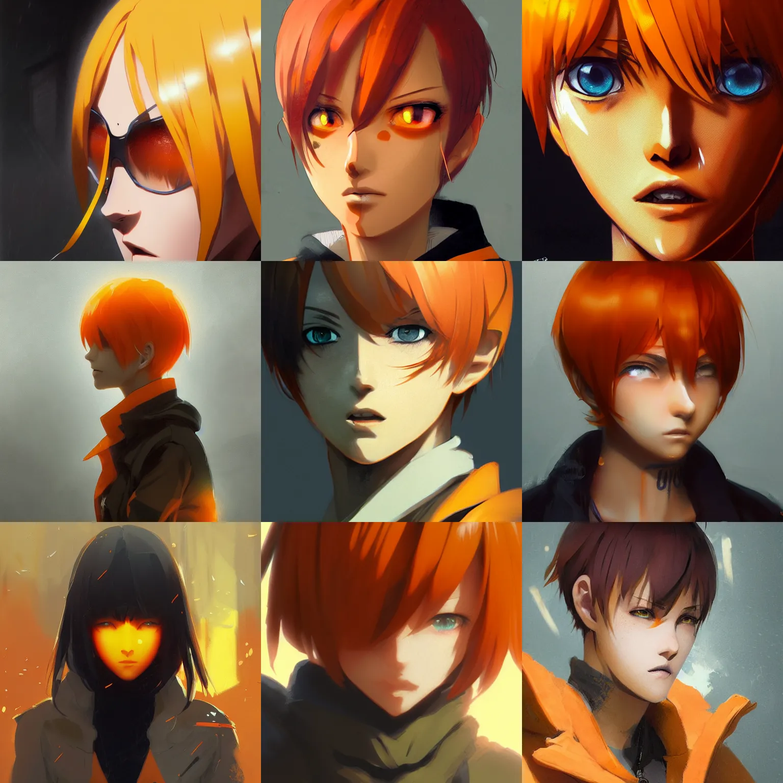 Prompt: Semi-realistic Anime Teen Character close up, Yellow-Orange Gradient short Hair, black and orange coat, orange pupils, backroom background, art by greg rutkowski