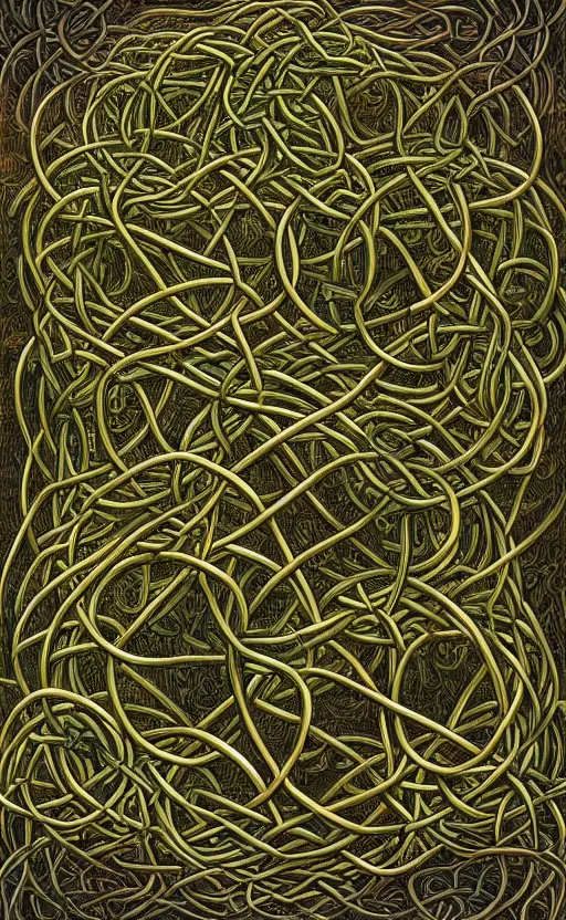 Image similar to a network of thick vines intertwined in the shape of a Celtic knot, central composition, in the style of Peter gric and Hannah yata 8k