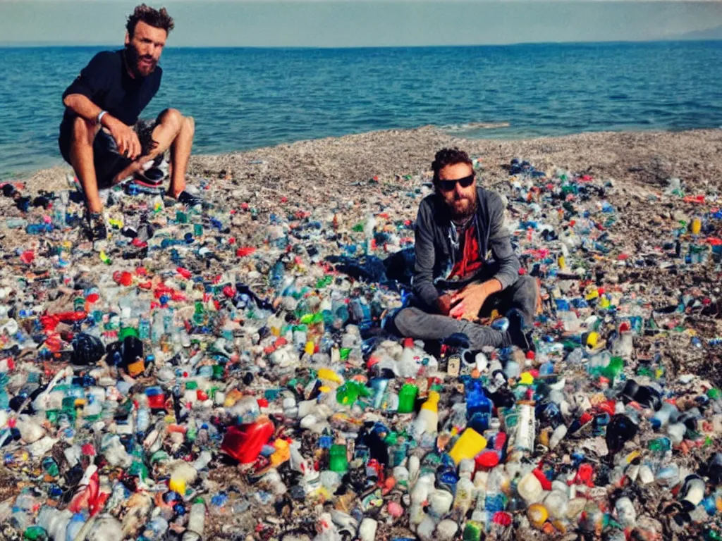 Image similar to jovanotti alone surrounded by plastic bottles and garbage on a beach near the adriatic sea, pollution, polaroid color photo, ultra realistic