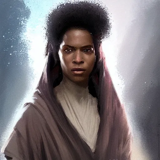 Image similar to portrait of a woman by greg rutkowski, young jedi knight, black, afro hair, pretty, star wars expanded universe, she is about 2 0 years old, wearing jedi robes, highly detailed portrait, digital painting, artstation, concept art, smooth, sharp foccus ilustration, artstation hq