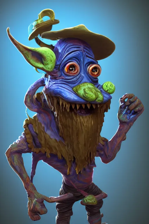 Image similar to a highly detailed painted 3 d model of a blue wrinkled goblin merchant with a mustache : 1 | centered, colorful, matte background : 0. 9 | by james gurney : 1. 2 | unreal engine, deviantart, artstation, octane, finalrender, zbrush, keyshot, concept art, hd, 8 k resolution : 0. 8