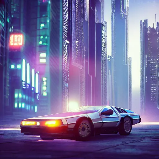 Prompt: delorean in a cyberpunk city with skyscrapers, artstation award winner, digital art, doors open, volumetric lighting, neon colors, short telephoto, octane render, highly detailed