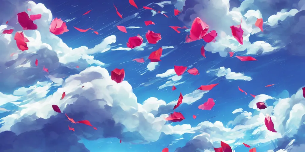 Image similar to background art of flying longswords flowing and floating through the slicing through directional wind on a simple cloudy sky background, big puffy clouds, large individual rose petals, angular background elements, polygonal fragments, anime, studio ghibli, artgerm, manga, trending on artstation, art nouveau, mature color scheme