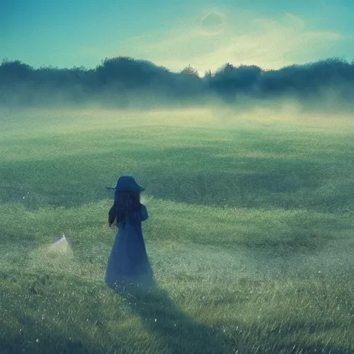Prompt: fantasy art of a clear day in a field with a person made out of mist