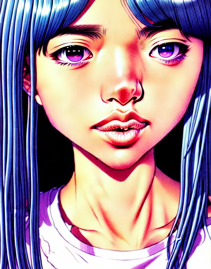 Image similar to extremely detailed color ink pen  illustration depicting an extreme close up face of a dainty young truant female stoner prep highschool school student with medium length silky straight iridescent black hair and lightly suntanned skin, illustrated by Artgerm and Range Murata.