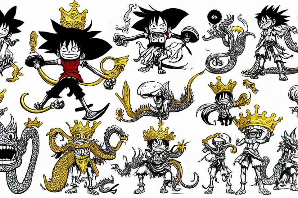 Image similar to concept sketches of luffy wearing a gold crown riding a large dragon by jamie hewlett, in the style of megaman, micro detail