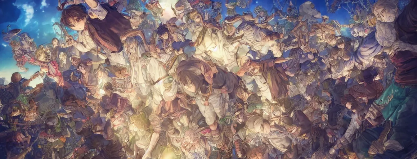 Image similar to dreams and hopes reaching into the heavens. hyperrealistic anime background illustration by kim jung gi, colorful, extremely detailed faces, intricate linework, smooth, super sharp focus, bright colors, high contrast, matte, octopath traveler, unreal engine 5 highly rendered, global illumination, radiant light