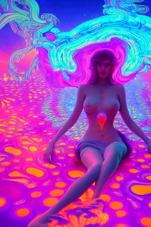 Image similar to a gorgeous woman engulfed in colorful liquid clouds and neon smoke, extremely psychedelic experience, psilocybin, dmt, lsd face, highly detailed, artstation, concept art, blue background, digital art by hana yata, and artem demura and beeple, alphonse mucha, octane render, unreal engine, 8 k
