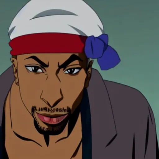Image similar to Tupac Shakur, screenshot from a 2012s anime