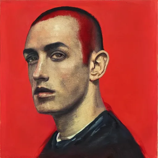 Prompt: a man with short black hair and shaved sides looks over his shoulder into the camera, oil painting, red background, album cover