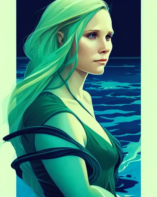 Image similar to style artgerm, joshua middleton, beautiful kristen bell with green dress, very long blue hair, symmetrical face, symmetrical eyes, water powers water swirling, detailed, beach setting, cinematic lighting