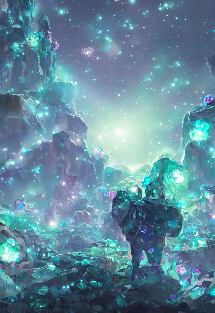 Prompt: android with back to the camera at night, looking up at a glowing mountain of crystal and gemstone, glass flowers, alien flora, digital art, artstation, dramatic lighting, forced perspective, closeup, vibrant and stylized