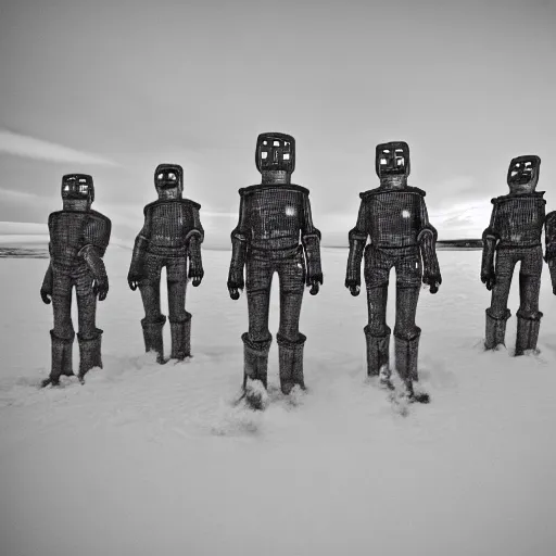 Prompt: cybermen in antarctica, creepy, black and white, 8mm