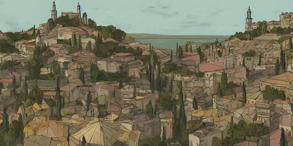 Image similar to back to the summer of the seven hills of lisbon, concept art, pastel soft colors, in the style of danny mcbride, knyazev konstantin