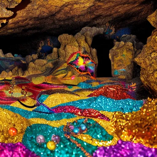 Image similar to cave of golden treasure and colorful jewels