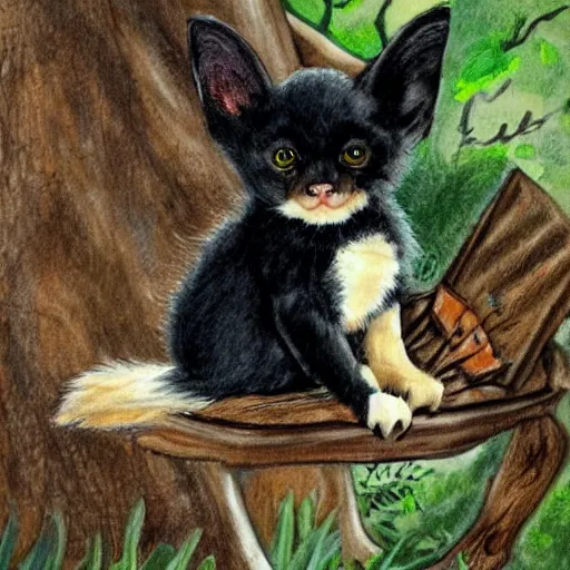 Image similar to a child drawning of a bat kitten sitting in the forest