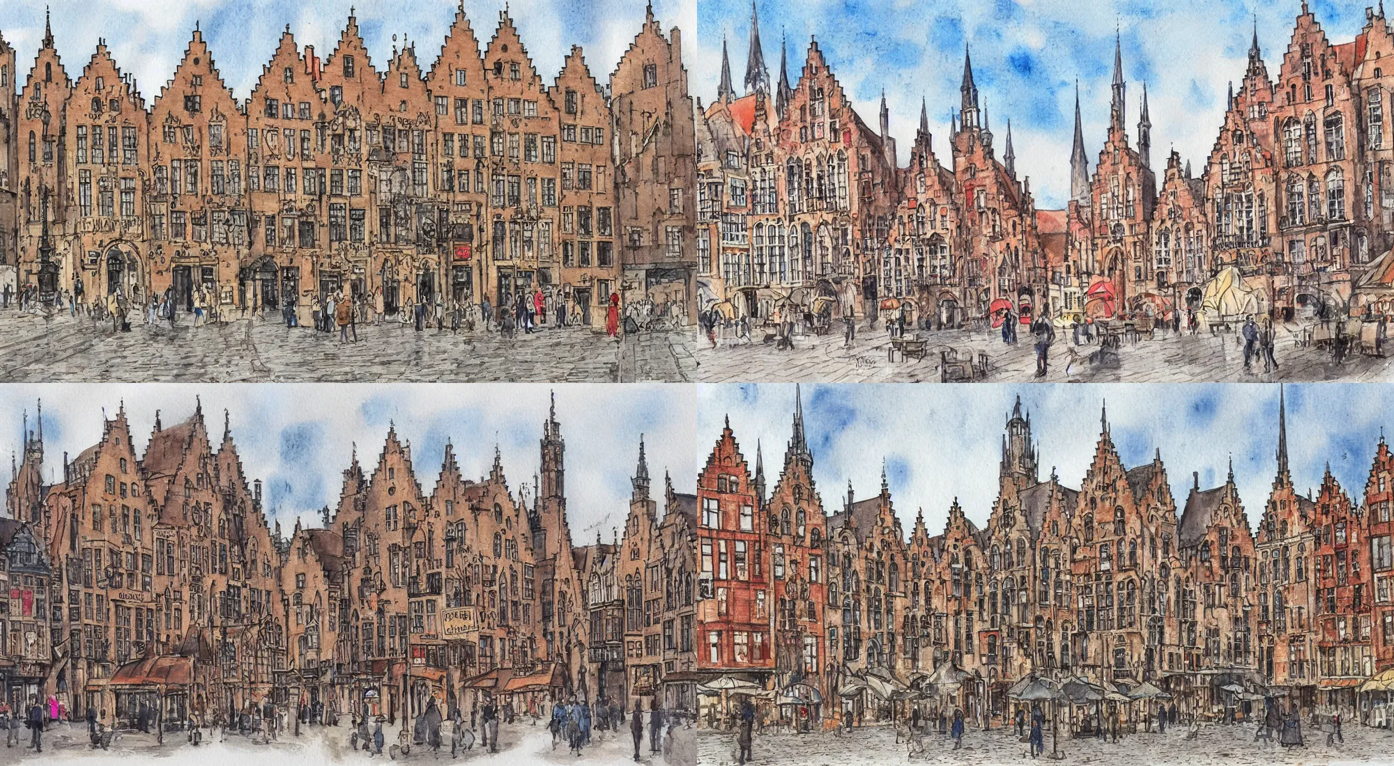 Prompt: The town square of Bruges, watercolor illustration, very detailed.