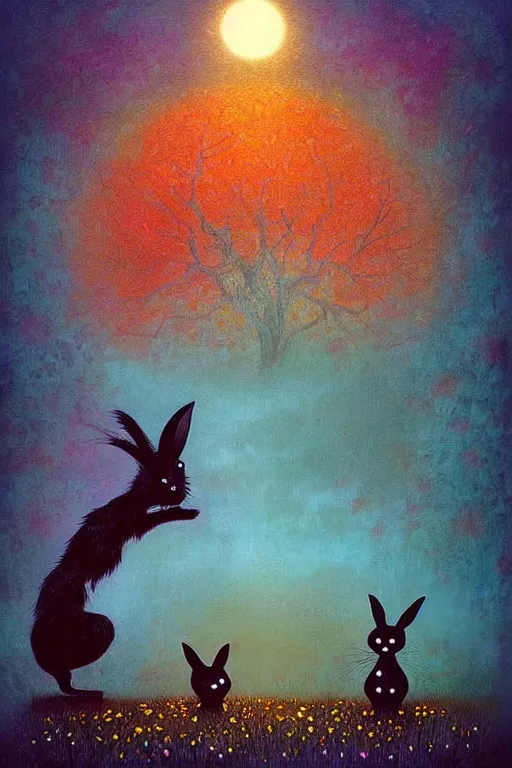 Image similar to surreal, evil black rabbits, fantasy, fairytale, magic realism flowerpunk, mysterious, vivid colors, by andy kehoe