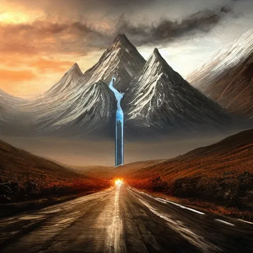 Prompt: the road to mordor, artstation hall of fame gallery, editors choice, #1 digital painting of all time, most beautiful image ever created, emotionally evocative, greatest art ever made, lifetime achievement magnum opus masterpiece, the most amazing breathtaking image with the deepest message ever painted, a thing of beauty beyond imagination or words